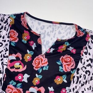 Womens Short‎ Sleeve V Neck Top Floral Leopard Print Casual Tunic Blouse